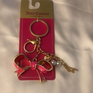 Juicy Couture Hot Pink Enamel Bow With Hearts Faux Pearl Charm Keychain NWT
